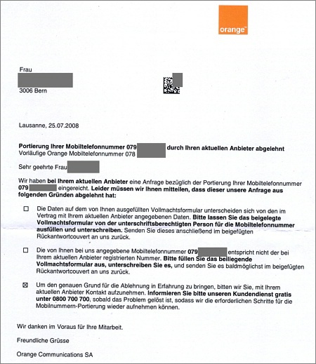 Swisscom hat die Portierung abgelehnt